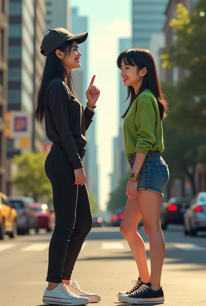 A woman of 1,65 meters. with black hair. Black cap. blue colored eyes. Black long blouse. black pants. ALL star shoe. With a laughing expression, Laughing a lot and pointing with her index finger at another woman. Being obese. With a very sad expression and crying. with green blouse. Medium denim shorts. tennis. background of a city. by the sun.