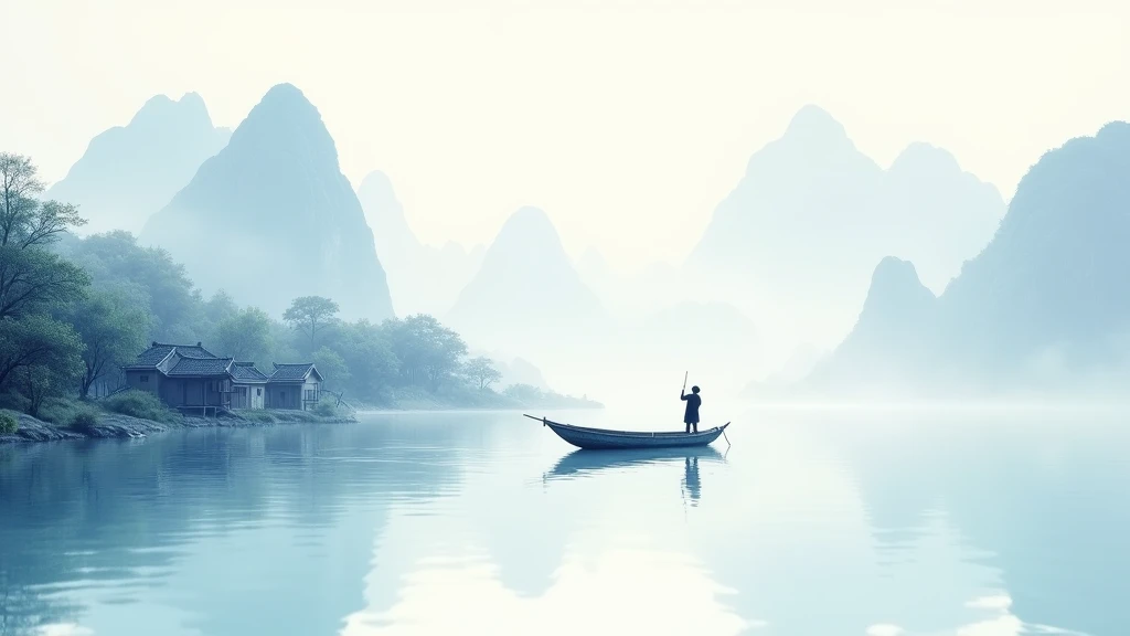 Light and delicate ink wash style of Chinese painting，Clear water，Clarity，White Space，Watercolor rendering，Light, ethereal white，Beautiful distant mountains+Light boat+Fisherman+Trees and tiled houses、.Soft background.More dreamy and ethereal atmosphere.Cover the screen.More obvious gradation.Bokeh effect