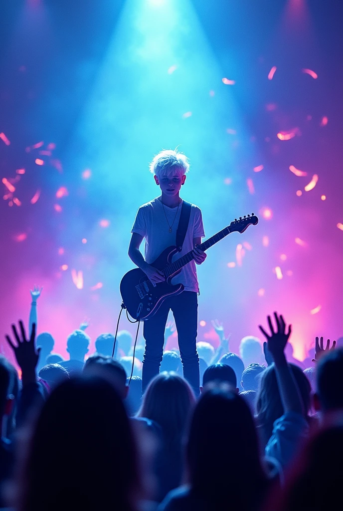 white-haired boy with the hair. The arms have tattoos, the boy is on a stage with people's backs, with a guitar in hand, Full body and the silhouette of his body looks dark. And the background looks like a bright blue and purple, with the spotlights. with various watercolor lights