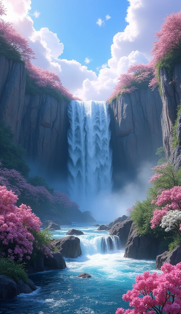 Beautiful ultra realistic 8k sky passage , waterfall with rocks , pink and white flowers and flowers 