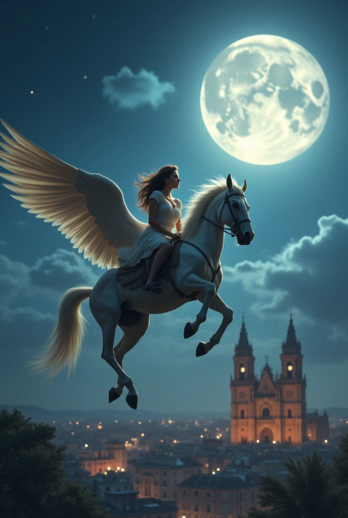 Hyper realistic 2.1, young brunette naked riding a winged steed on a full moon night over the city of Seville having under her wings the vision of a majestic Giralda