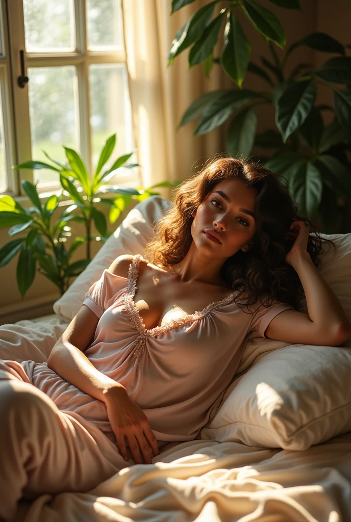(photorealism:1.2), beautiful woman, sitting on bed, wearing loose off-shoulder top, pajama pants, long curly hair, indoors, soft lighting, plants in background, window with sunlight, cozy room, relaxed pose, realistic, intricate details, warm colors, by Greg Rutkowski, by Alphonse Mucha