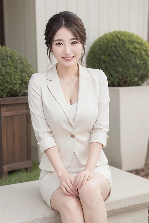 masterpiece、High resolution、Photo quality、Realistic、Beautiful Japanese Woman、Mature Woman、sexy、business suit、Cotton tight skirt、Beautiful chest、smile、round face、Above the knee、Updo、