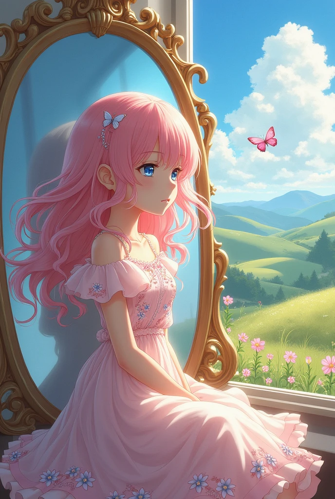 anime　Girl looking in the mirror　Landscape