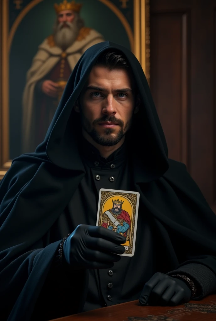 a young handsome european man black hair short beard blue eyes wearing a black noble cloth with hood cover his head with black gloves holding a tarot card in his hand in the council meeting room at night with picture of a king on the wall, cinematic