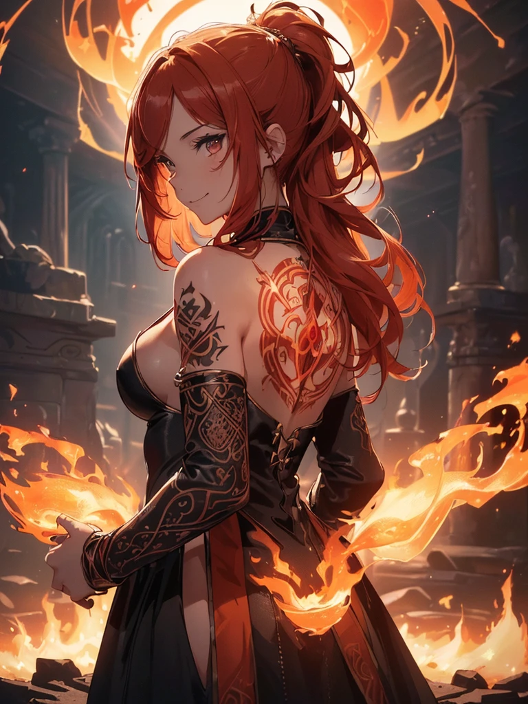 (((best quality, sharp image, clear image, cinematic lighting, 8k resolution, masterpiece, ultra detailed, intricate))) Girl, (((looking over left shoulder))), (shot from behind), fire mage, ((intricate background)), ((chaotic background)), red hair, smiling, ((flame runes, flame sigils)), (tatoo on back), slime figure, flying sigils