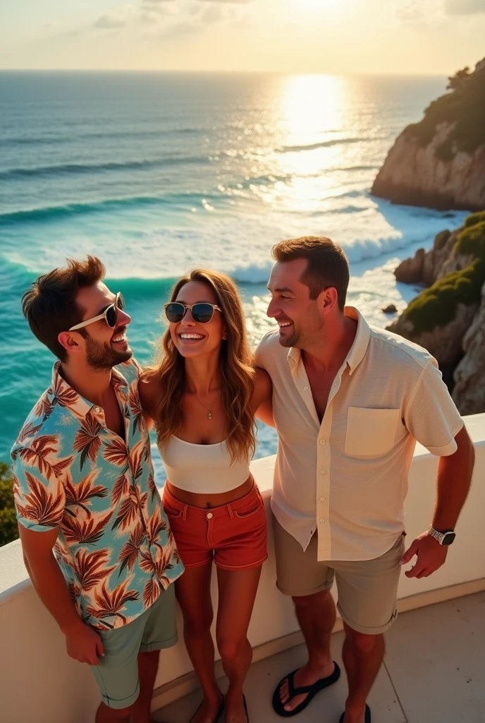 3 friends and seeview looking entertainment enjoy, realistic, mans