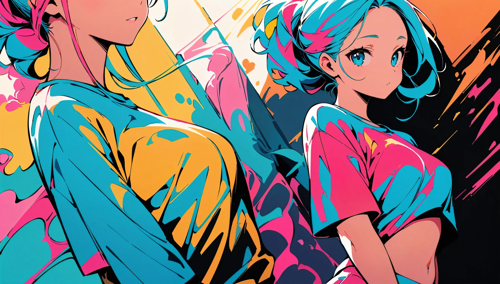 (high quality, 8k, 4K, High Contrast, masterpiece:1.2, 最high quality, Best aesthetics), (Dynamic Angle), ((1 female)), ((Single color background)), ((Flat Color)), ((Colorful art)),Plain T-shirt, Looking at the audience, Upper Body, White Background, High Contrast, Contrasting colors, Cowboy Shot,Pale pink and blue lighting,belly button,Long Hair,Tied Hair,Small Tits