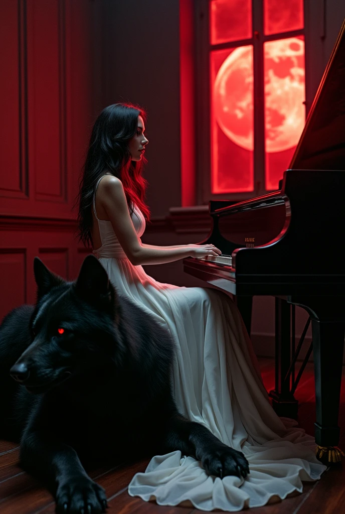 A woman with almost black red hair in a white dress with the window of that face of her room open showing a full red moon while she's with a piano and a wolf/black colored werewolf with red eyes sitting next to you, with a dark red almost black color. A darker image. Her playing the piano 