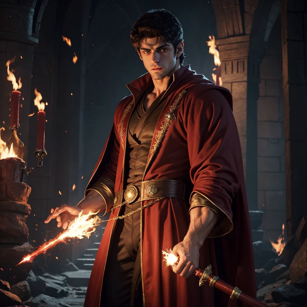 a muscular handsome wizard, solo, (face:Matthew Daddario), extremely detailed face, perfect face, short hairstyle, looking at the viewer romantically, fiery red robe, black pants, ruby crystal wand in his hand, sexy look, wizard hat, smooth skin, doing fire magic, 