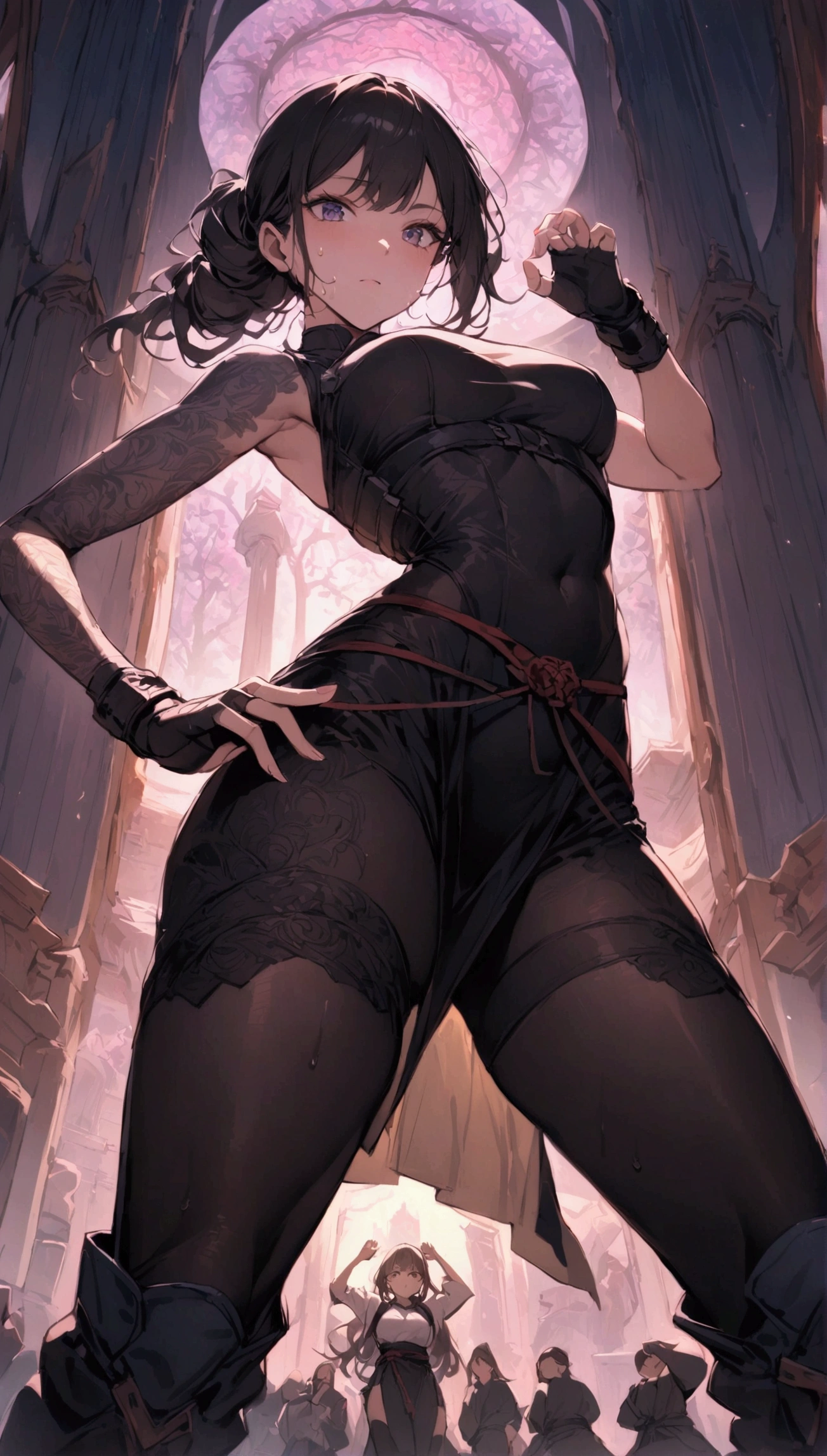 from below,cowboy shot,dutch angle,{{masterpiece}}, {{{best quality}}},{{ultra-detailed}}, {{illustration}}(Beautiful and fine eyes)、female martial artist, Elegant Fighting Pose,fingerless gloves,pelvic curtain,Black pantyhosens,martial arts belt,short boots,Lace-patterned arm cover,sweating ,{{Inside the Dojo:1.4}}
