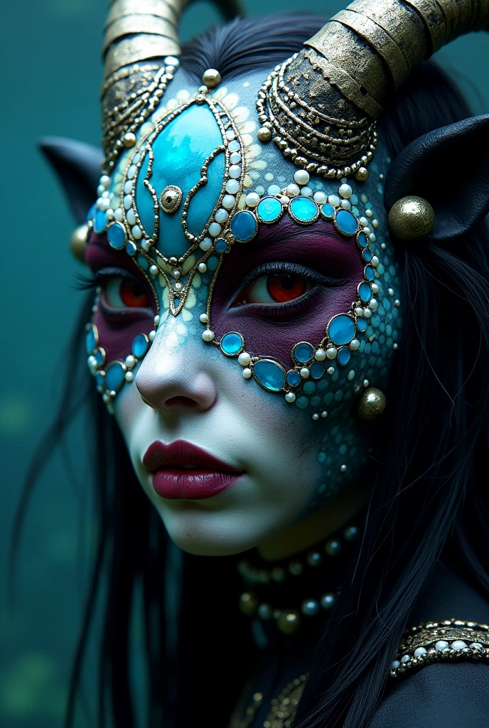 Nepali influenced Sami art dark mythology of resin (jelly-lookin) mask of evils with glass (persian blue and dark purple), mosaic (creme and baby-blue), pearls and abalone, black fur and leather art various techniques fine art japanese art principles avant garde animalistic dark magic bloodshot eye and goats eye queer culture patti smith influence art underwater creature avant grade and highly intricate Jibaro's the siren tinsel evil horror