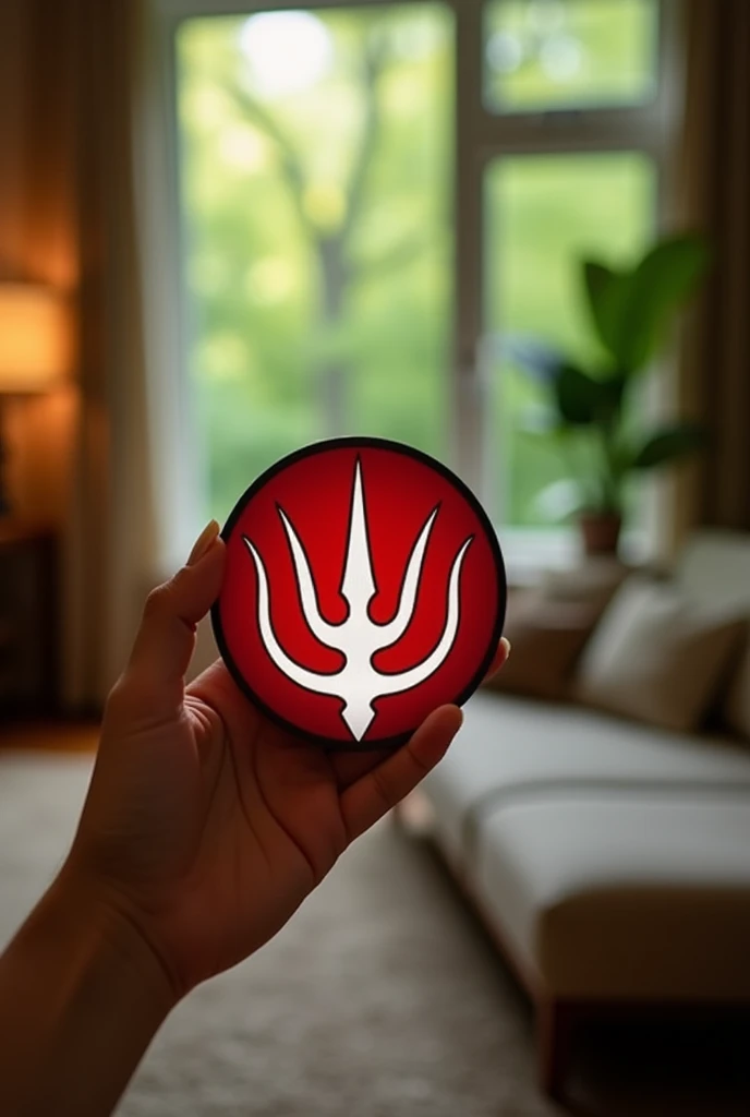 Red round bottom Broche, with soft black outline, with a WHITE TRIDENT with three sharp pointed spines in the middle. Well-detailed and being held by a human male hand with 5 fingers. background inside an apartment, at the window, facing a forest.