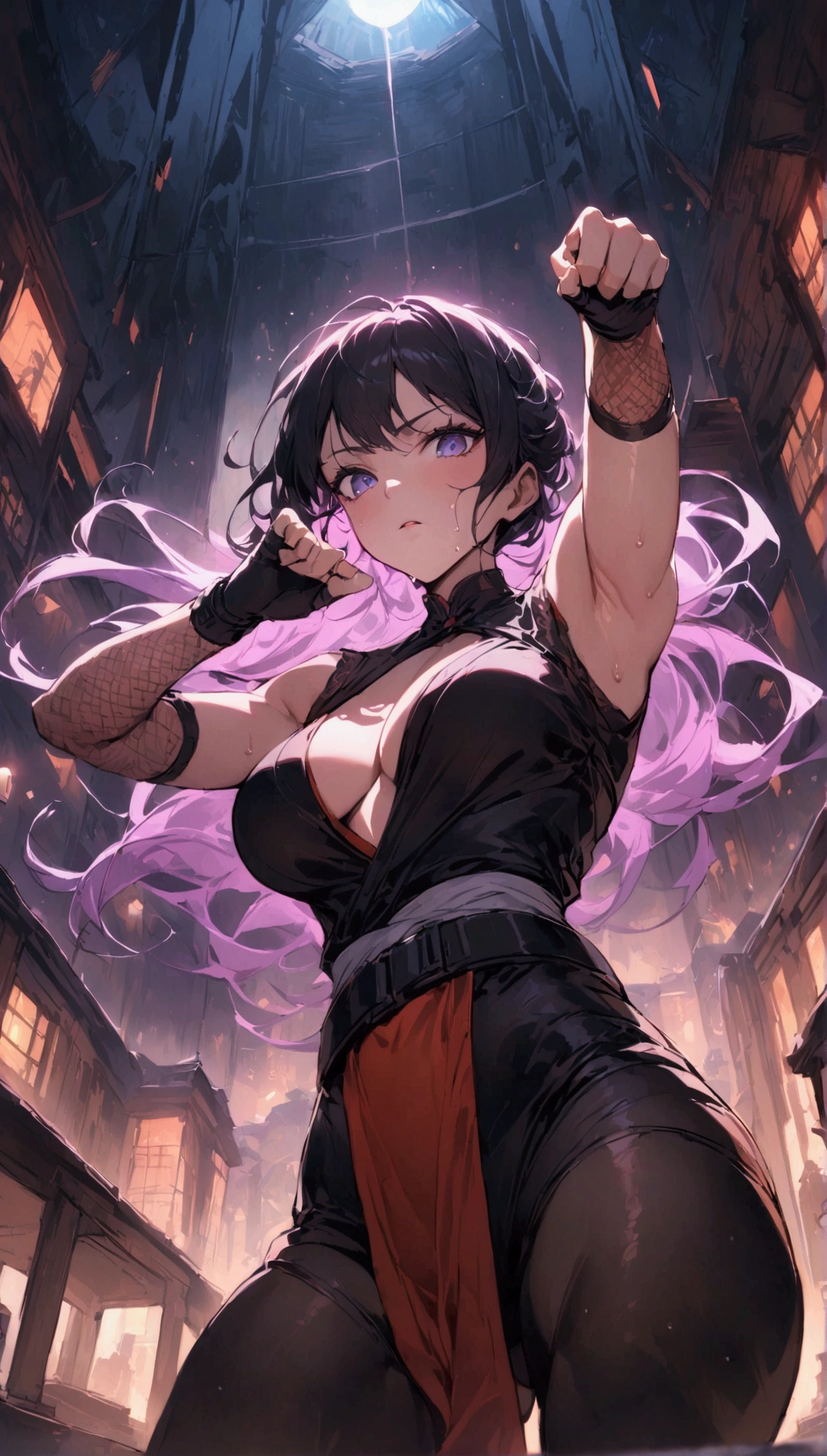 from below,cowboy shot,dutch angle,{{masterpiece}}, {{{best quality}}},{{ultra-detailed}}, {{illustration}}(Beautiful and fine eyes)、female martial artist, Elegant Fighting Pose,fingerless gloves,pelvic curtain,Black pantyhosens,martial arts belt,short boots,Lace-patterned arm cover,sweating ,{{Inside the Dojo:1.4}}