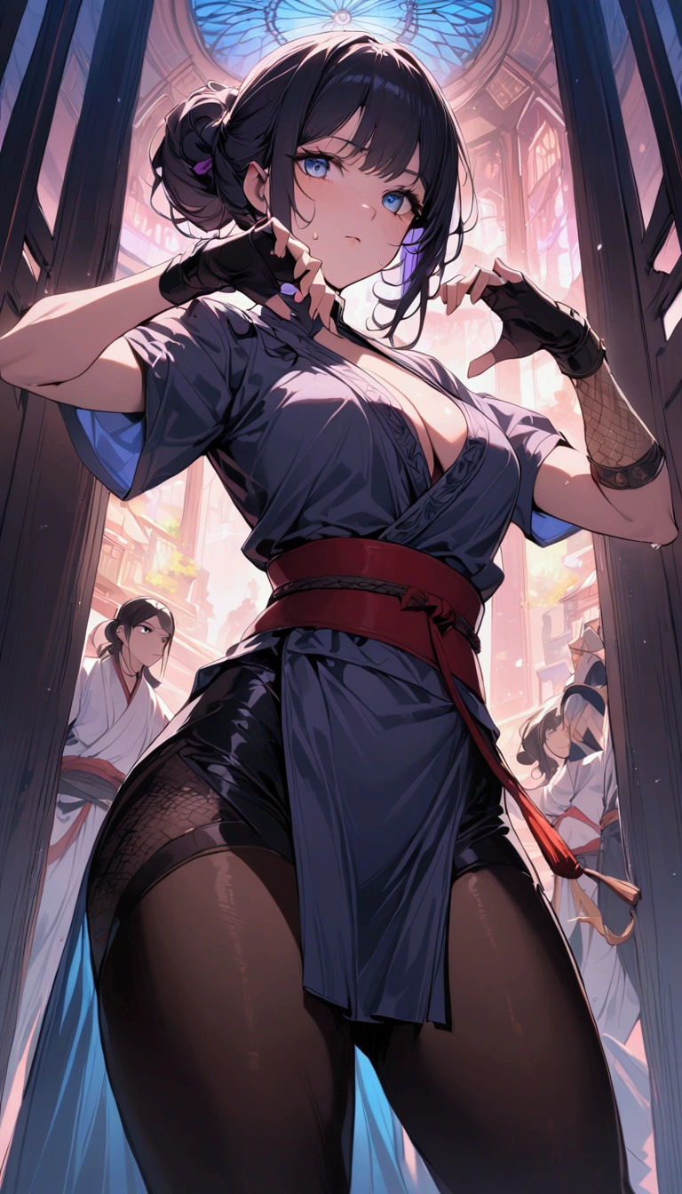 from below,cowboy shot,dutch angle,{{masterpiece}}, {{{best quality}}},{{ultra-detailed}}, {{illustration}}(Beautiful and fine eyes)、female martial artist, Elegant Fighting Pose,fingerless gloves,pelvic curtain,Black pantyhosens,martial arts belt,short boots,Lace-patterned arm cover,sweating ,{{Inside the Dojo:1.4}}
