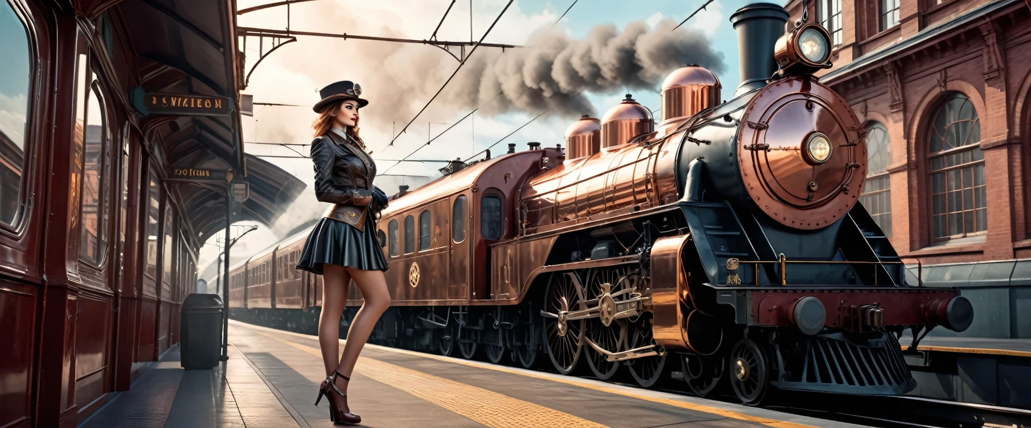 Fifties shiny copper colored, train steam punk, ((Beautiful sexy woman standing on the station platform,)) The beautiful, City, concept-art, Draw one, Fantastical, 4K, hyper HD, high high quality, hot topics at at station headquarters, 8k ultra high definition, Studio quality, ultra real photo, max detail, massive scale, Post-processing, current, photo-realism, Photoshop, photography, Ray tracing, Rendered by Octane

