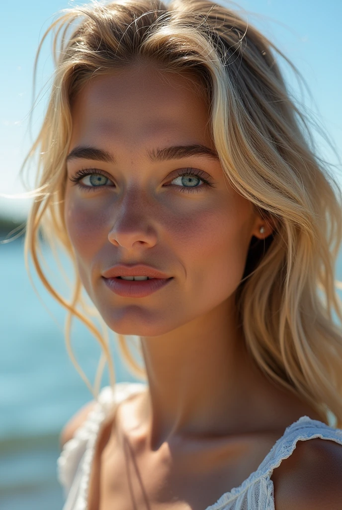 Belle fille européenne aux yeux bleus et aux cheveux blonds, elle au bord d'un lac, par derrière, on ne voit pas son visage ultra Haute résolution, (photoréaliste: 1.4), Haute résolution , (finely détaillé skin), (yeux bleus), (Des proportions parfaites) (Photos réalistes) (chef-d&#39;œuvre) (photoréaliste), ultraréaliste (meilleure qualité) (détaillé) Photographié avec un Canon EOS R5, objectif 50 mm, F/2.8, (8k) (fond d&#39;écran) (Éclairage cinématographique) (éclairage dramatique) (complexe) mode. avec un visage réaliste.