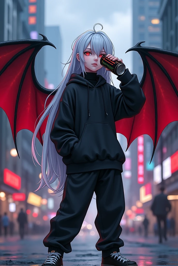 Kizuro is a young boy of average height, Eyes red, pale skin with long white hair with long strands falling over his shoulders and a fringe on his face that covers his left eye. He has black bat wings with red insides on his back and his face is very feminine. He's wearing a black long-sleeved turtleneck shirt, He's wearing a black hooded sweatshirt, slightly loose black pants that go all the way down but don't go past your black sneakers. He is in a city holding a can of Monster Energy in his hand close to his mouth., drinking.
