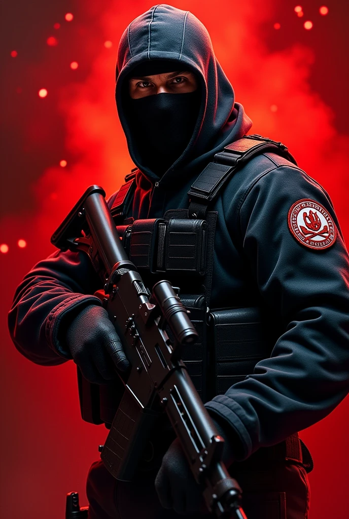Create an image of a Counter Strike 2 terrorist with a red background