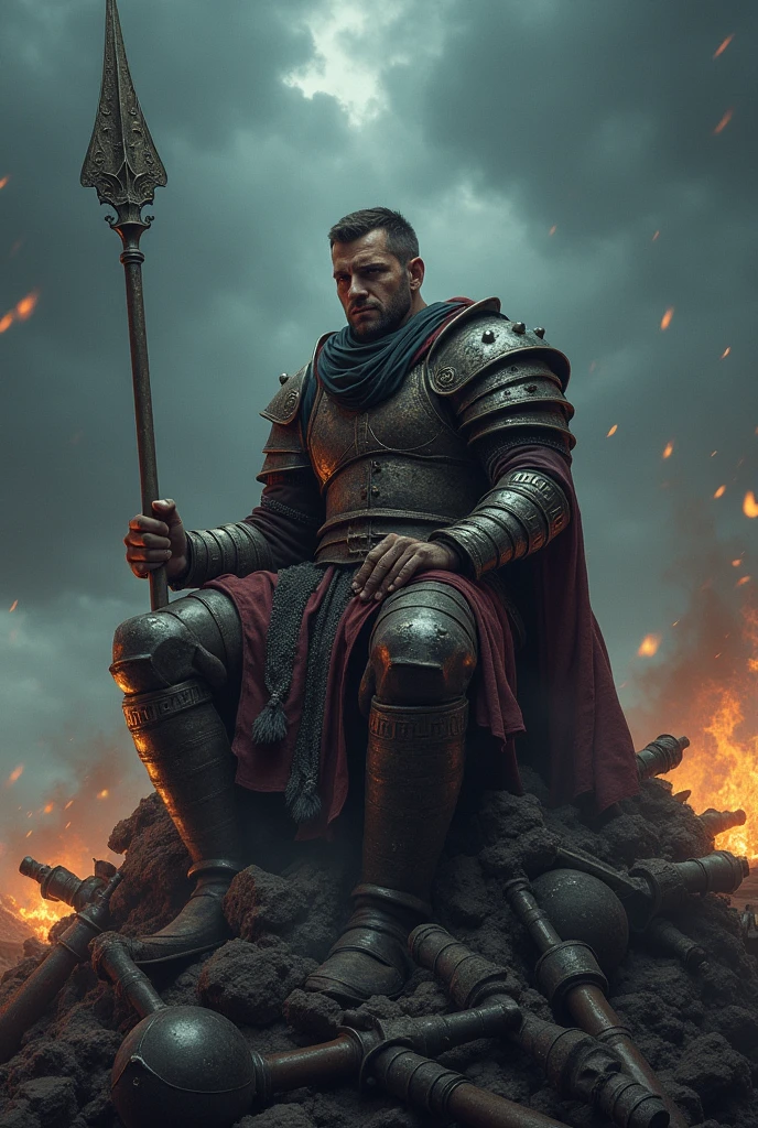 A seasoned warrior, hardened by countless wars, sits atop a pile of his slain enemies, holding a spear with a stoic expression as he rests.

