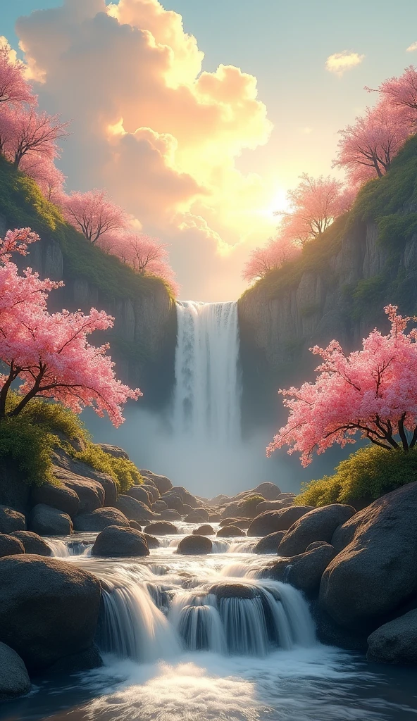 Beautiful ultra realistic 8k sky passage , waterfall with small stones , pink and white flowers and flowers