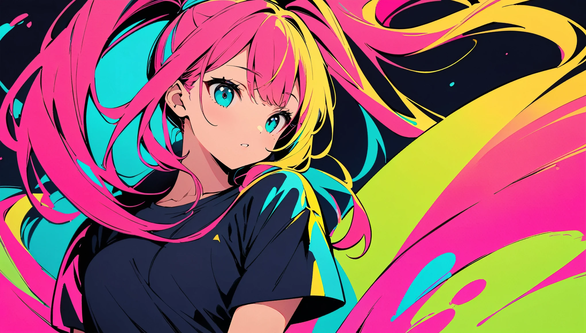 (high quality, 8k, 4K, High Contrast, masterpiece:1.2, 最high quality, Best aesthetics), (Dynamic Angle), ((1 female)), ((Single color background)), ((Flat Color)), ((Colorful art)),Plain T-shirt, Looking at the audience, Upper Body, White Background, High Contrast, Contrasting colors, Cowboy Shot,Pale pink and green lighting,belly button,Long Hair,Tied Hair,Small Tits