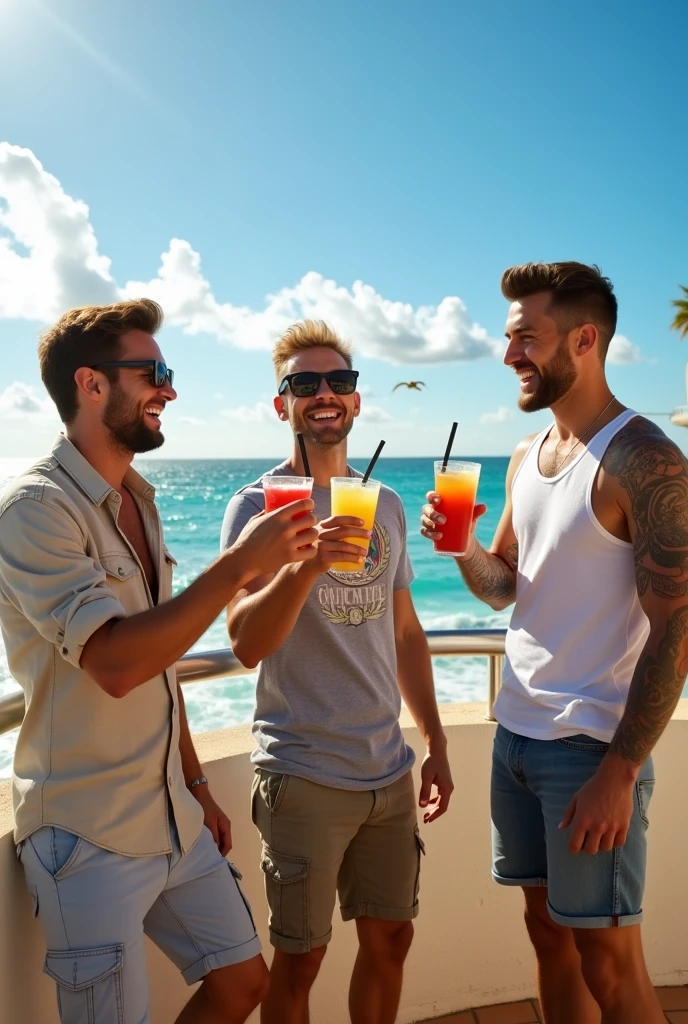 3 friends and seeview looking entertainment enjoy, realistic, three mans,