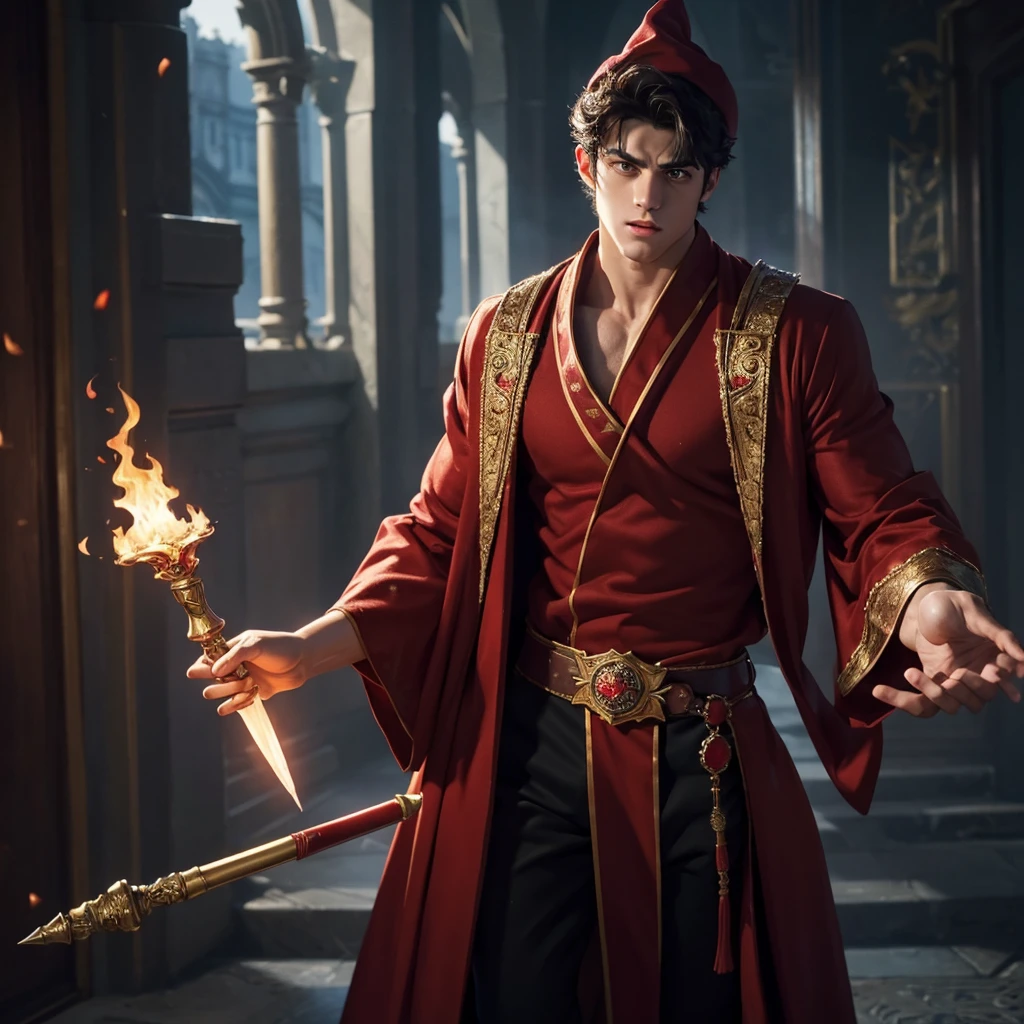 a muscular handsome wizard, solo, (face:Matthew Daddario), extremely detailed face, perfect face, short hairstyle, looking at the viewer romantically, fiery red robe, black pants, ruby crystal wand in his hand, sexy look, wizard hat, smooth skin, doing fire magic,