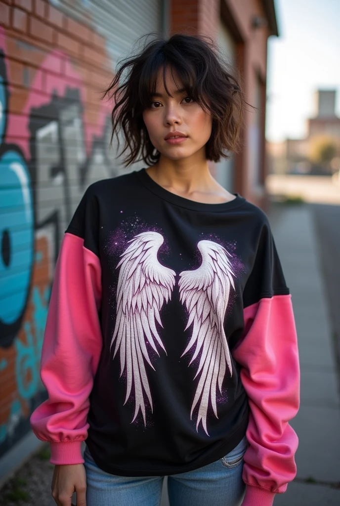 Art of a pink and black shirt with a design of white angel wings