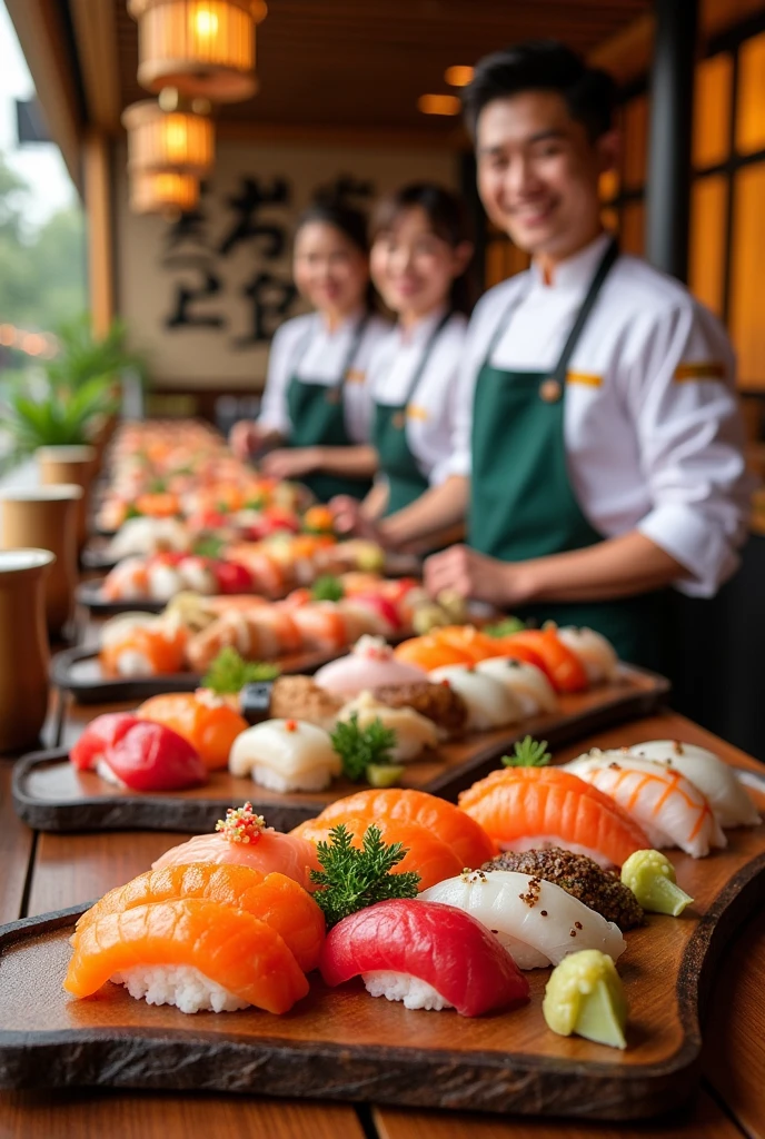 Please create an invitation to a sushi restaurant with two sections for signing