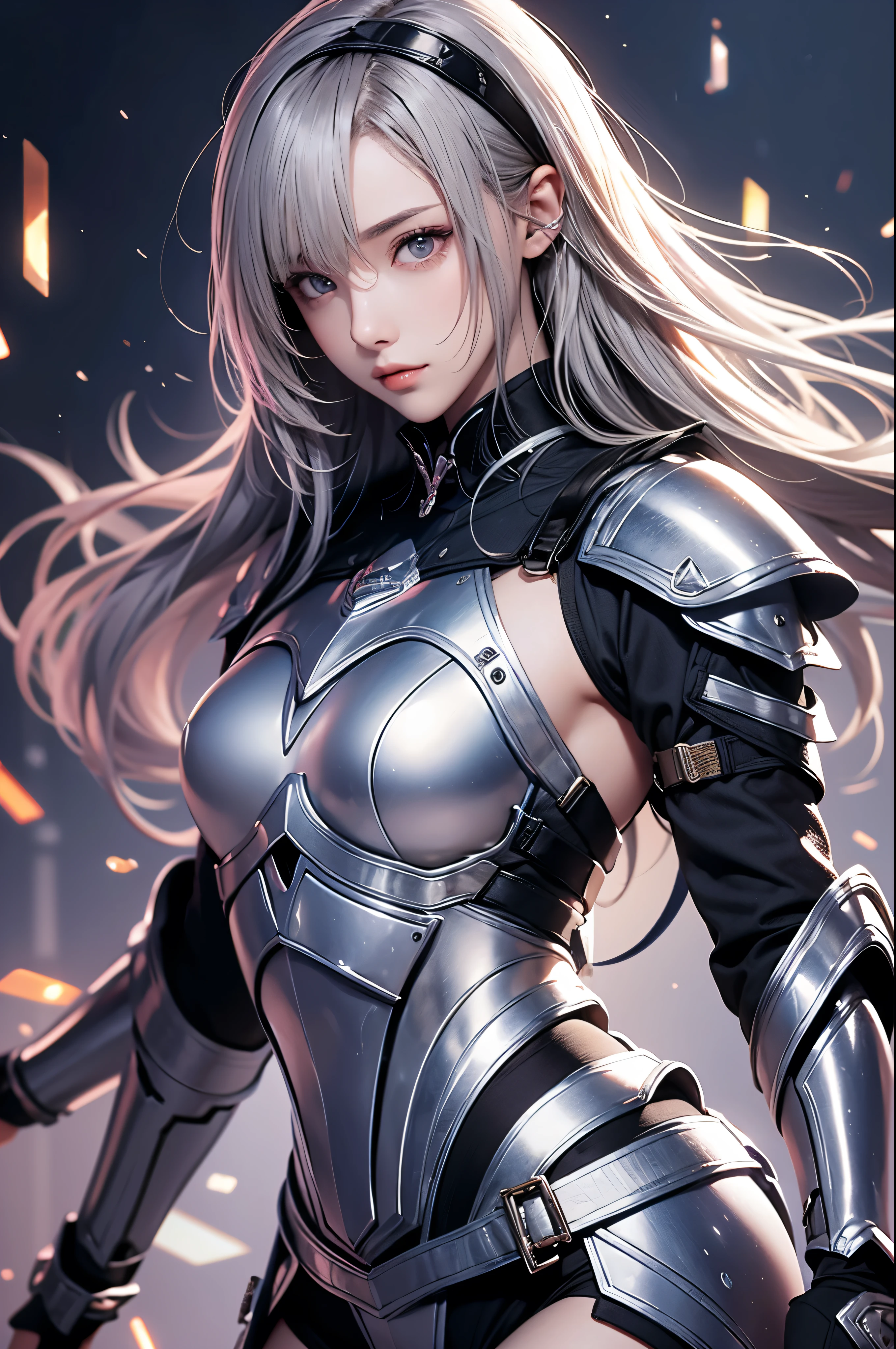 Realistically, High resolution, Soft Lighting, One woman, alone, Hip Up, Dynamic Pose, Glossy Skin, gem, knight armor