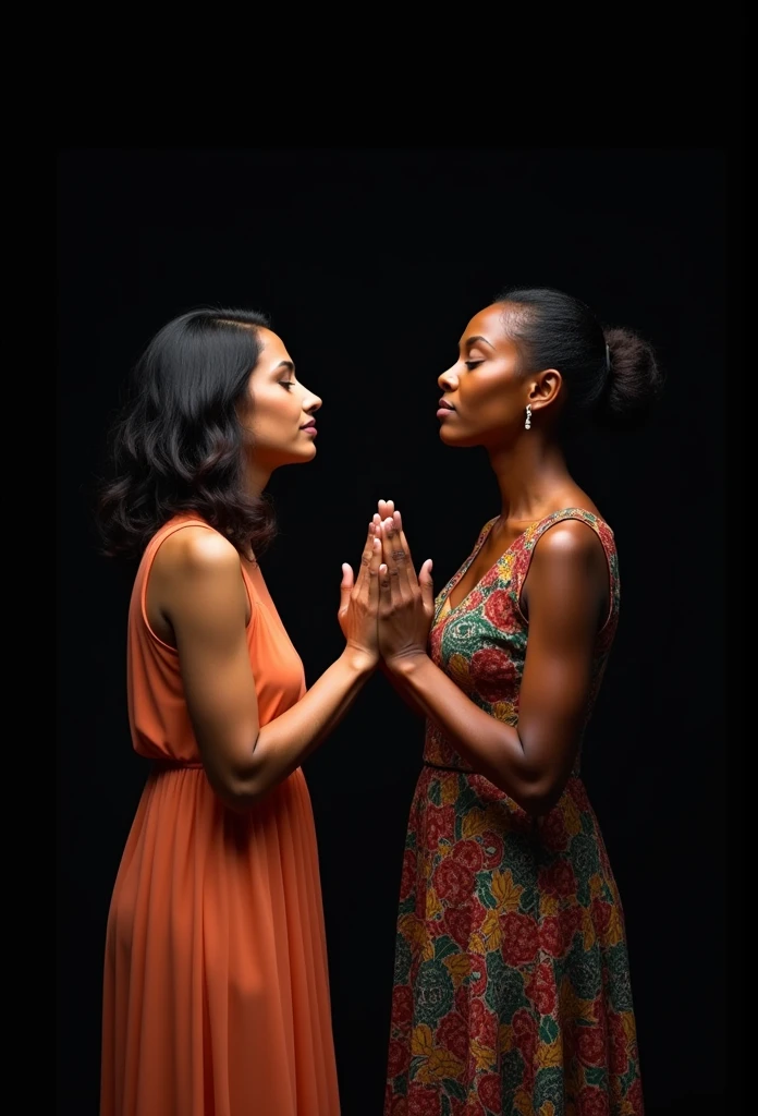 Create an image that shows two women in a moment of prayer, holding hands and leaning towards each other. The first woman is on the left, wearing a sleeveless dress in a soft orange color. The second woman is on the right, wearing colorful attire with vibrant patterns. Both women have their eyes closed, expressing serenity and devotion, With a simple black background, emphasizing the focus on the scene without distractions. Remove all text from the original image.

Additional Detail:

Lighting: Lighting suave que destaca as figuras das mulheres sem criar sombras fortes.
Positioning: Keep the women centered in the image, in a slightly tilted position towards each other, keeping their hands clasped in prayer.
enviroment: The background must be completely black, creating a clear contrast with the women's clothing.
