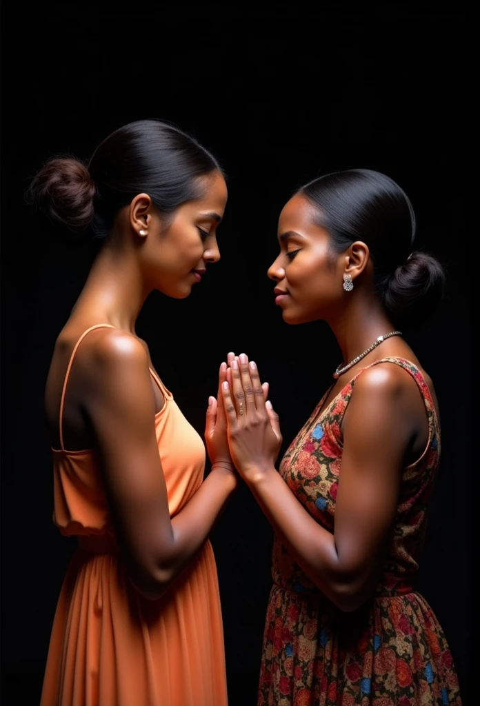 Create an image that shows two women in a moment of prayer, holding hands and leaning towards each other. The first woman is on the left, wearing a sleeveless dress in a soft orange color. The second woman is on the right, wearing colorful attire with vibrant patterns. Both women have their eyes closed, expressing serenity and devotion, With a simple black background, emphasizing the focus on the scene without distractions. Remove all text from the original image.
Additional Detail:
Lighting: Lighting suave que destaca as figuras das mulheres sem criar sombras fortes.
Positioning: Keep the women centered in the image, in a slightly tilted position towards each other, keeping their hands clasped in prayer.
enviroment: The background must be completely black, creating a clear contrast with the women's clothing.