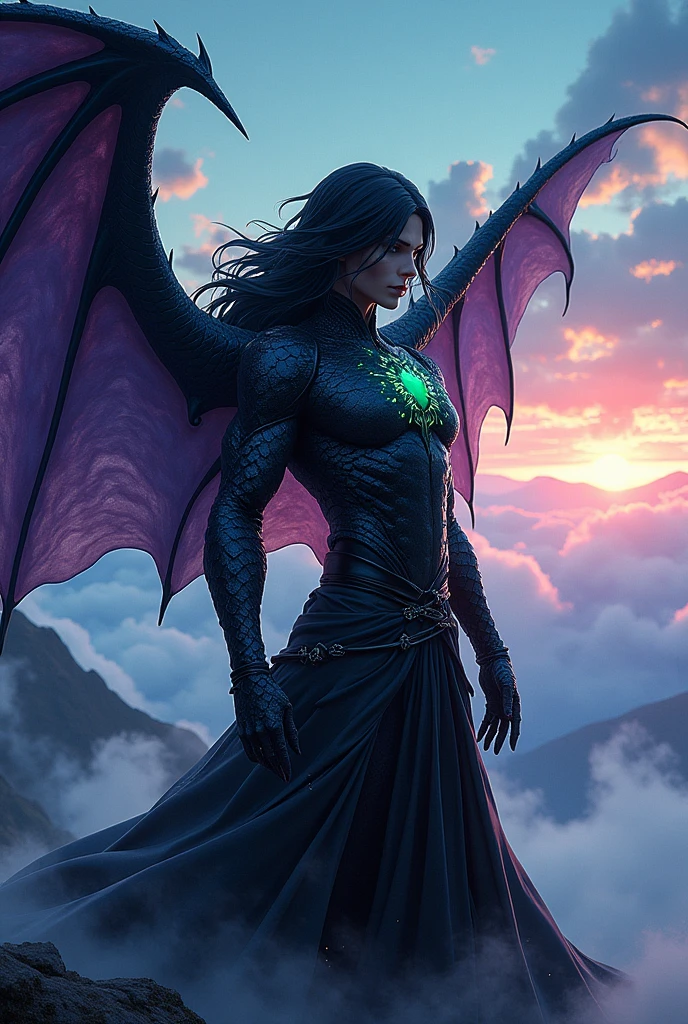 A man with black scales and a flamboyant dragon wing and long black hair, wearing clothes similar to those of the captains of the anime bleach