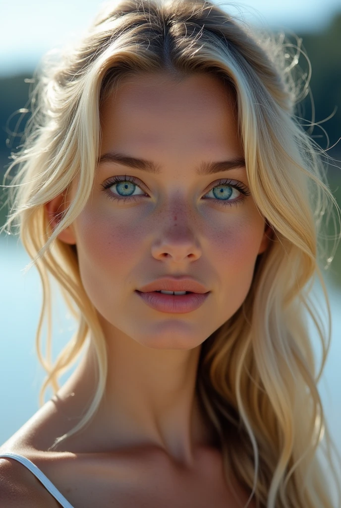 Belle fille européenne aux yeux bleus et aux cheveux blonds, elle au bord d'un lac, par derrière, on ne voit pas son visage ultra Haute résolution, (photoréaliste: 1.4), Haute résolution , (finely détaillé skin), (yeux bleus), (Des proportions parfaites) (Photos réalistes) (chef-d'œuvre) (photoréaliste), ultraréaliste (meilleure qualité) (détaillé) Photographié avec un Canon EOS R5, objectif 50 mm, F/2.8, (8k) (fond d'écran) (Éclairage cinématographique) (éclairage dramatique) (complexe) mode.