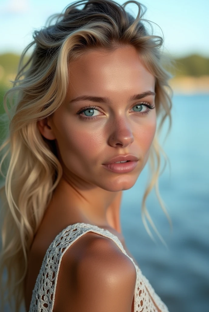 Belle fille européenne aux yeux bleus et aux cheveux blonds, elle au bord d'un lac, par derrière, on ne voit pas son visage ultra Haute résolution, (photoréaliste: 1.4), Haute résolution , (finely détaillé skin), (yeux bleus), (Des proportions parfaites) (Photos réalistes) (chef-d'œuvre) (photoréaliste), ultraréaliste (meilleure qualité) (détaillé) Photographié avec un Canon EOS R5, objectif 50 mm, F/2.8, (8k) (fond d'écran) (Éclairage cinématographique) (éclairage dramatique) (complexe) mode.