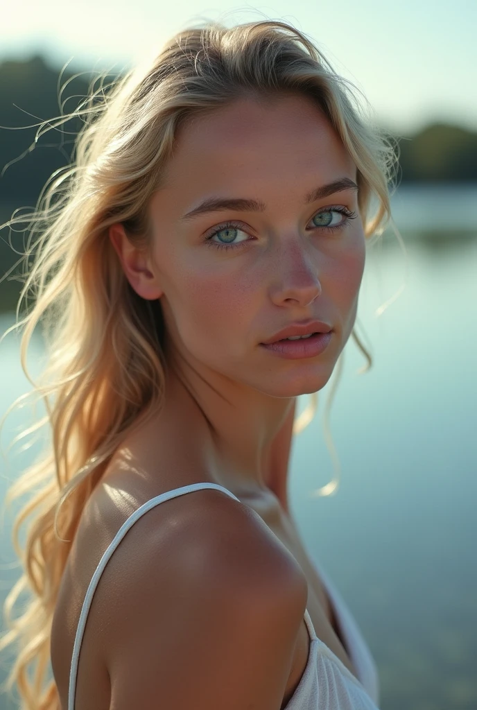 Belle fille européenne aux yeux bleus et aux cheveux blonds, elle au bord d'un lac, par derrière, on ne voit pas son visage ultra Haute résolution, (photoréaliste: 1.4), Haute résolution , (finely détaillé skin), (yeux bleus), (Des proportions parfaites) (Photos réalistes) (chef-d'œuvre) (photoréaliste), ultraréaliste (meilleure qualité) (détaillé) Photographié avec un Canon EOS R5, objectif 50 mm, F/2.8, (8k) (fond d'écran) (Éclairage cinématographique) (éclairage dramatique) (complexe) mode.