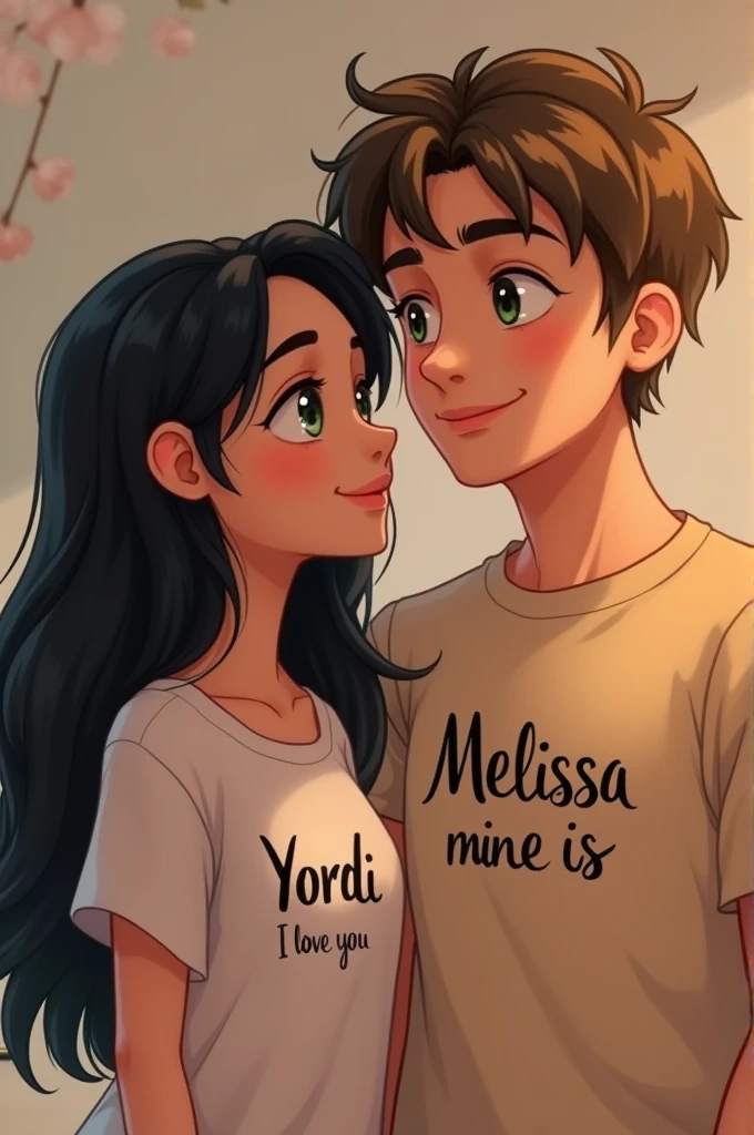 A married couple, the girl skinny.long black hair, black eyes and his shirt says Yordi I love you . And the white boy a little chubby ,short light brown hair without volume with a little bangs falling on the forehead and green eyes and his shirt that says Melissa mine is . The ears are the same height and love each other very much