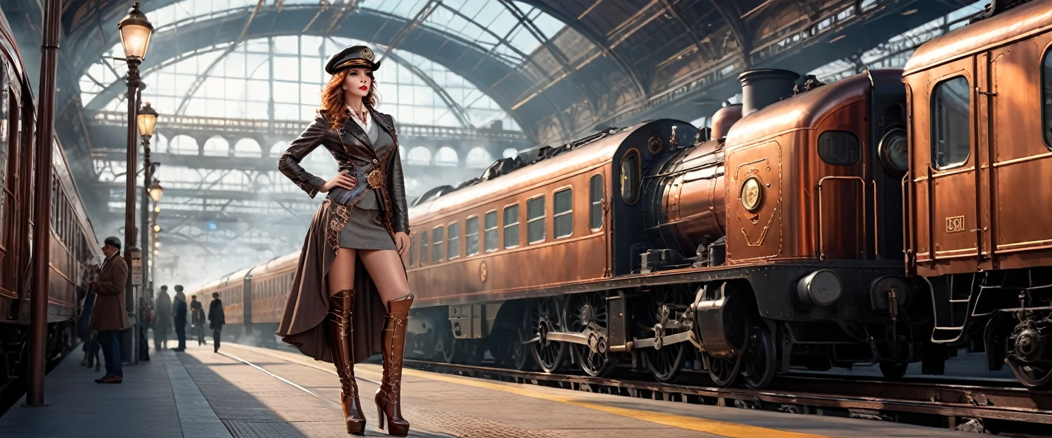 Fifties shiny copper colored, train steam punk, ((Beautiful sexy woman standing on the station platform,)) The beautiful, City, concept-art, Draw one, Fantastical, 4K, hyper HD, high high quality, hot topics at at station headquarters, 8k ultra high definition, Studio quality, ultra real photo, max detail, massive scale, Post-processing, current, photo-realism, Photoshop, photography, Ray tracing, Rendered by Octane