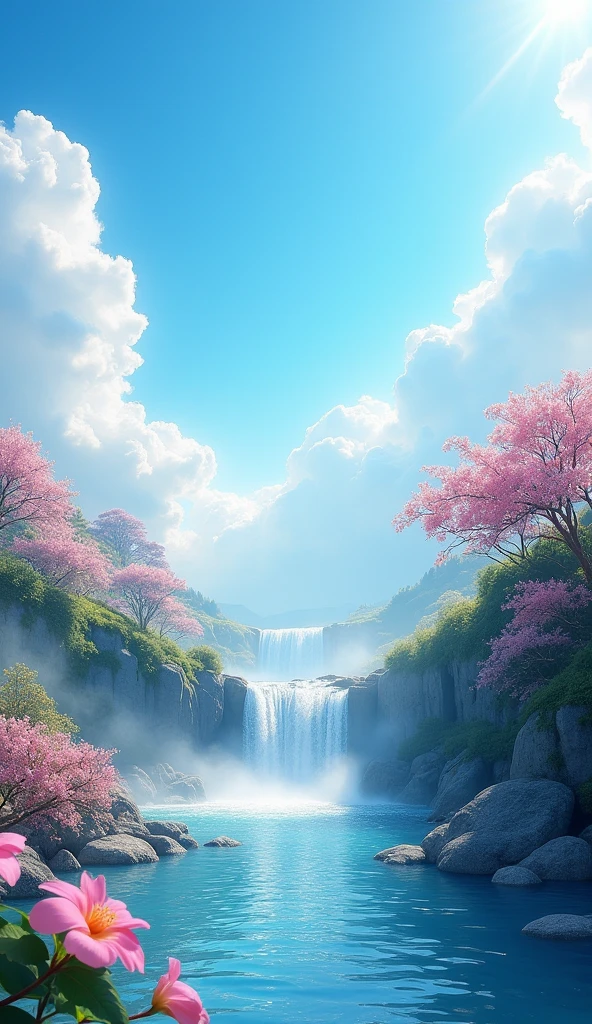 Beautiful ultra realistic 8k sky passage , waterfall with small stones , pink and white flowers and flowers 