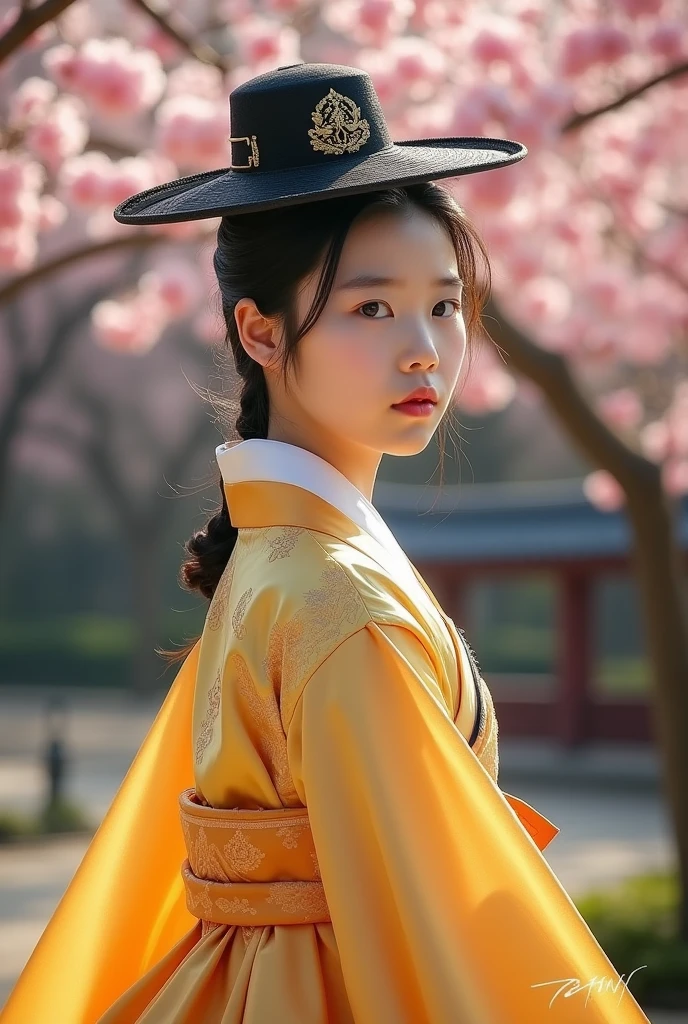 korean girl wearing golden tradional joson clothes of old korea and korean hat