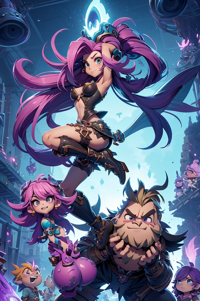 arvore estilo rayman legends, character estilo art rayman legends, girl and boy, corpo inteiro, ESTILO VIKING, acessórios gigantes,giant monster, big breats,Little bunny, (shorts),big breast, sensuality, wizard, 3dmm