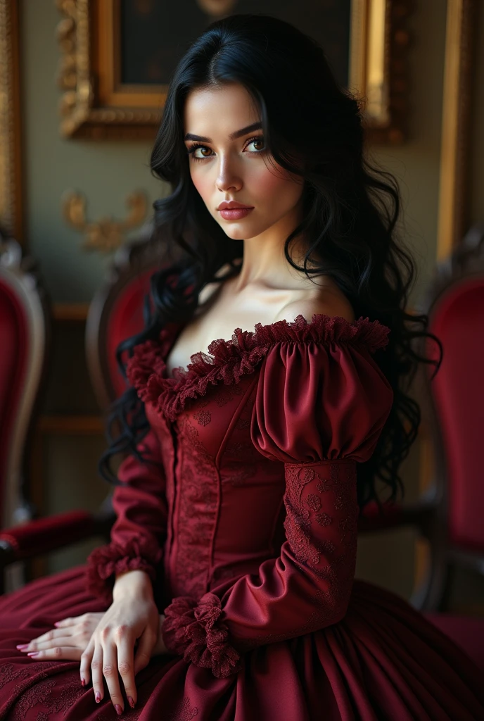 yiffymix masterpiece, black haired woman with dark brown eyes, beautiful, serious and confident expression, dressed as in the Victorian era with a beautiful wine-colored dress on her large image the slogan "rigor and affection"