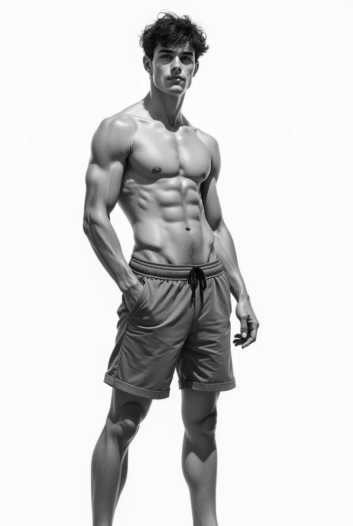 Handsome guy , young but dark haired and a little muscular without a shirt , let your muscles be seen( not so muscular) ,a little sideways , Whole body , let her legs be seen ,with shorts and that the drawing is realistic, that it has shadows and light