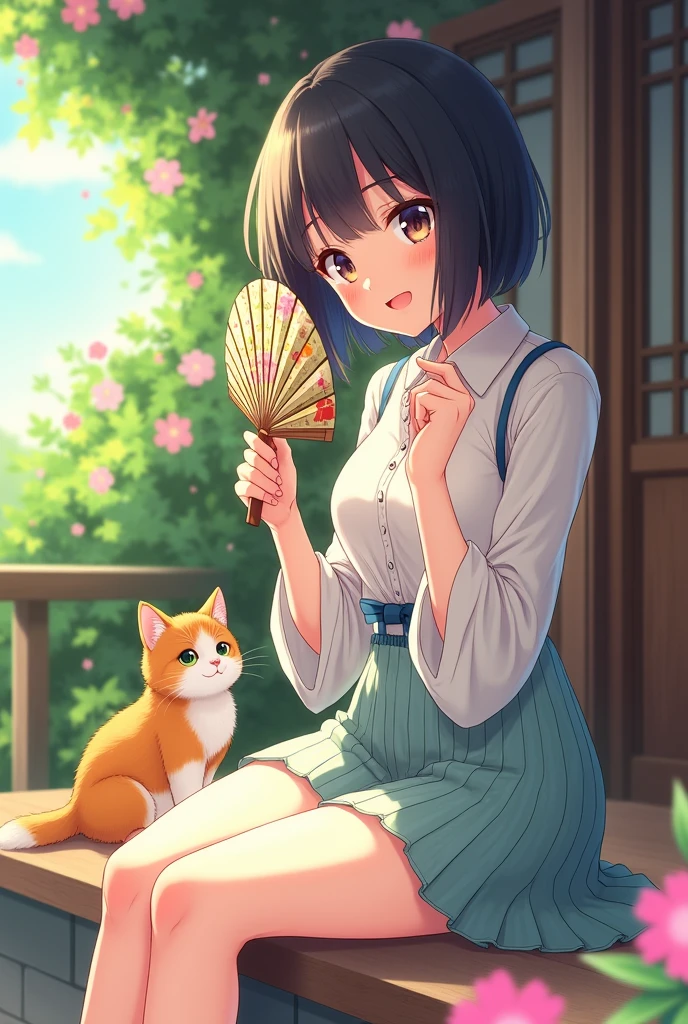 Highest quality、High resolution、Detailed Background、Beautiful face in every detail、Anime Beautiful Girl、Normal number of fingers、Detailed eyes、Perfect body line、Bobcut、Japanese-style house、Veranda、the scenery of everyday life in summer、A big smile、cute仕草、

(A girl playing with a cat is fanning herself with a fan to cool down.:1.5)、cute