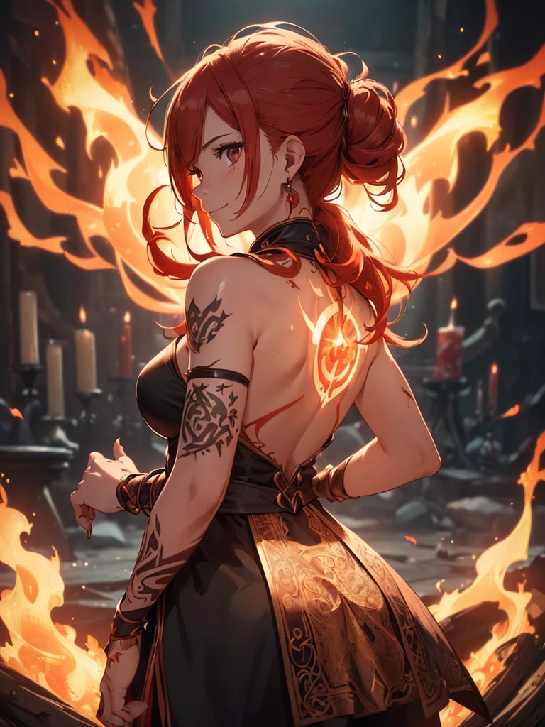 (((best quality, sharp image, clear image, cinematic lighting, 8k resolution, masterpiece, ultra detailed, intricate))) Girl, (((looking over left shoulder))), (shot from behind), fire mage, ((intricate background)), ((chaotic background)), red hair, smiling, ((flame runes, flame sigils)), (tatoo on back), slime figure, flying sigils