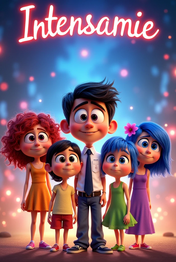 I want a picture of the movie inside out 1 with the real characters of Riley's emotions respecting their colors , clothing and shape of everything that is : happiness, anger, displeased, sadness and fear at the center above others and with the title above in Spanish that says "intensely"
