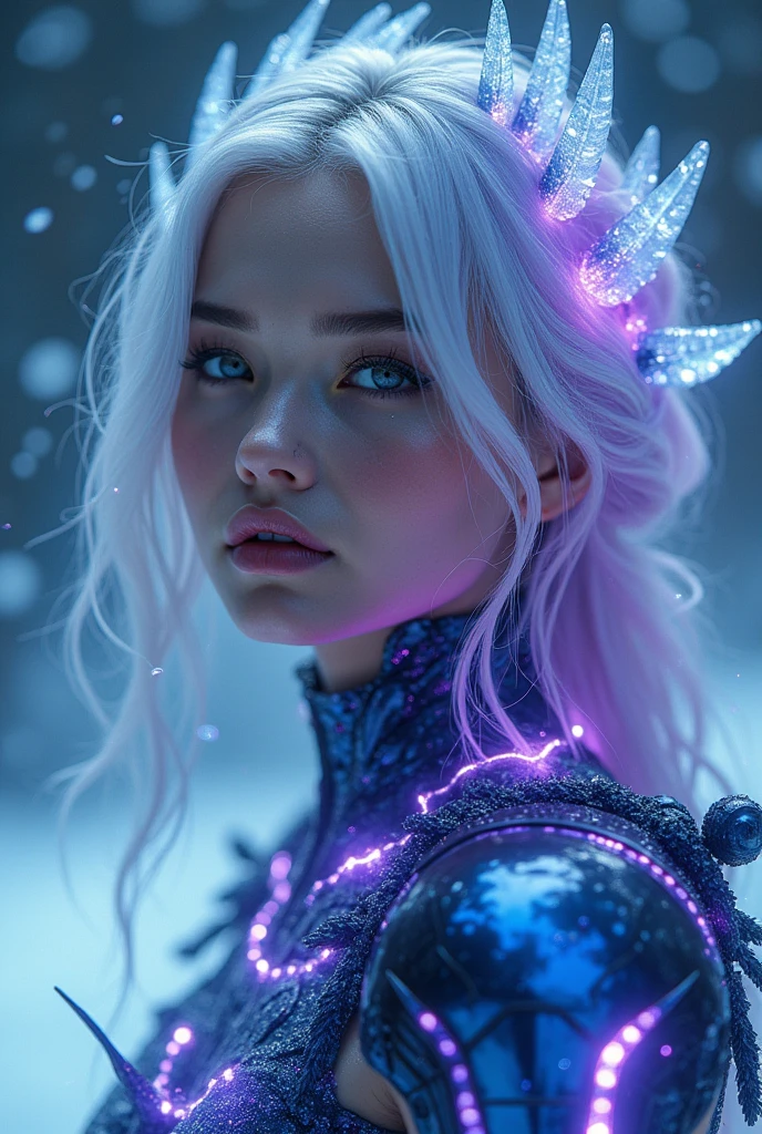 8k, masterpiece, RAW photo, best quality, detail:1.2, photorealistic, extremely detailed CG unity 8k wallpaper, Depth of field, Cinematic Light, Lens Flare, Ray tracing, (extremely beautiful face, beautiful lips, beautiful eyes), intricate detail face, ((ultra detailed skin)) 1girl, in the dark, deep shadow, Draw a masterpiece of art sexy goddess of holy winter, under the sign of the frosty phoenix. he is dressed in ancient biomechanics, an otherworldly exoskeleton, powered by the goddess's inner negative energy, an energy visible to the viewer. Ultra Instinct surrounded by Violet Aura and lightning full-body shot, 4k, 3D, rich colors, Draw moving icy, blue, black, natural ((living)) flames on the futuristic exoskeleton. This sexy outfit has (((many))) bold, sexy leaks that cause the water in the area to freeze rapidly. Draw ((((ice crystals)))) floating in the air and flying (((water bubbles ))). The cold blue and black((flames)) from the armor very quickly jumps to nearby (ice crystals) and jumps ((further)) and (((further))) trying to freeze the (water) droplets in the distance. Draw Bobino's companion flying the icy phoenix bird in a flood of icy terror.