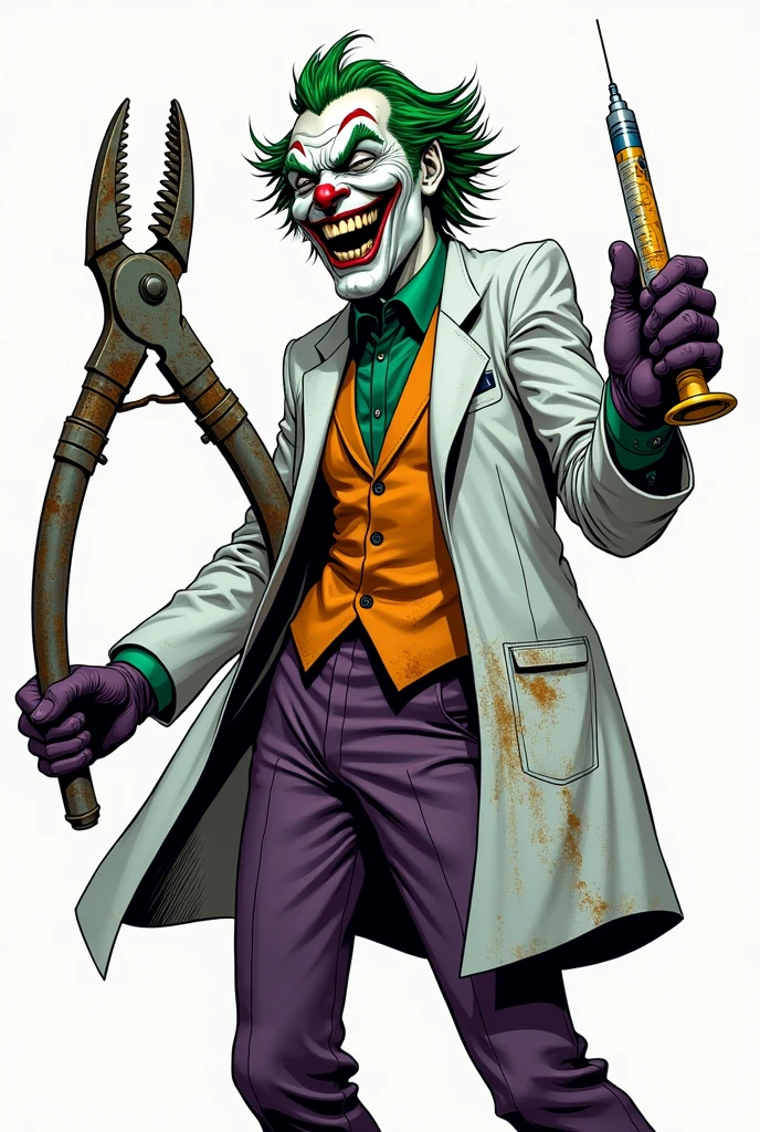 Create an image of the Joker, portrayed as in the comics, half-body, wearing a lab coat, holding a dentist's pliers in one hand and a needle in the other, with a smile on his face, no background. 