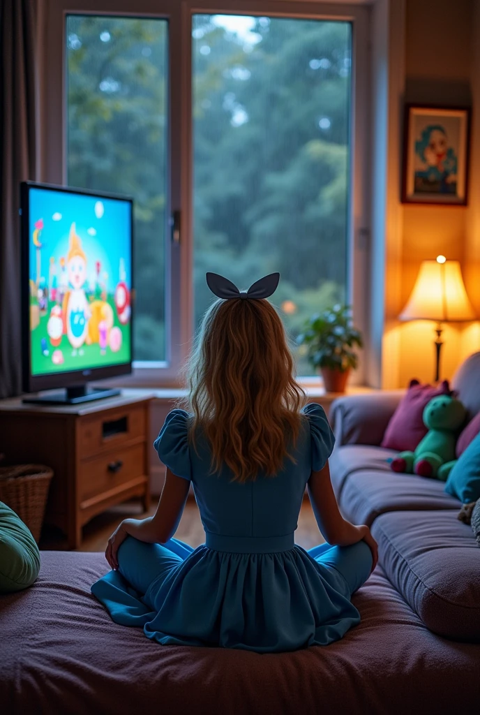 Room with TV playing cartoons, rainy daytime, It's Alice from Wonderland watching TV.